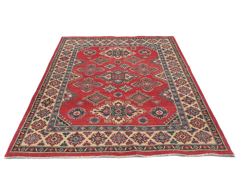 5x7 Red Kuba Afghan Hand Knotted Wool Area Rug